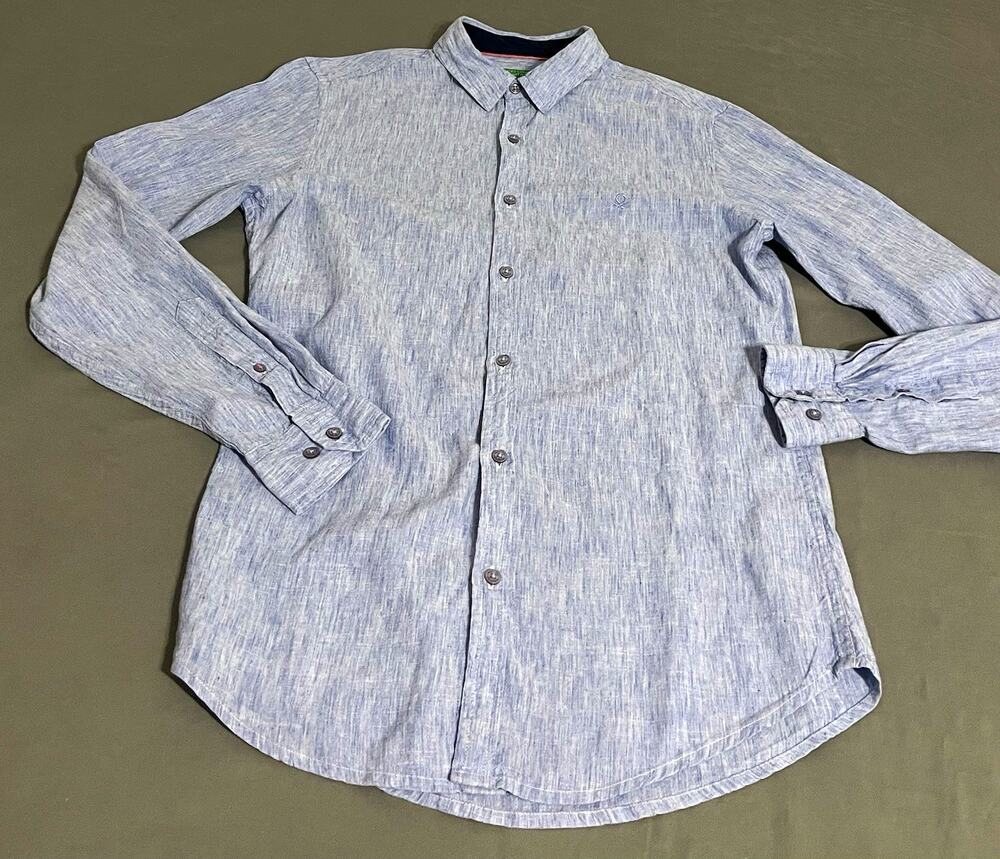 United Colors of Benetton Mens S Light Blue Lyocell Linen Cotton Button Up Shirt